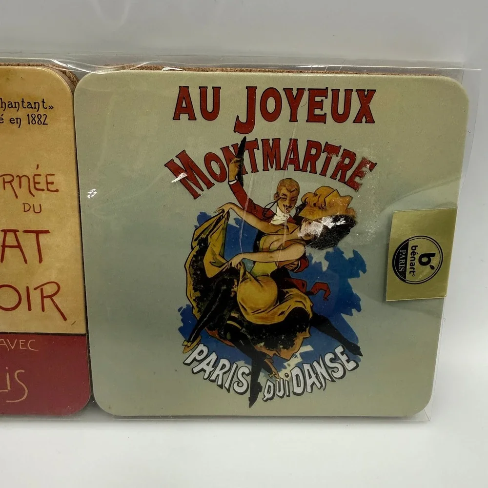 Benart Paris Vintage French Poster Cork Back Coasters Set of 6 Chat Noir‎ New